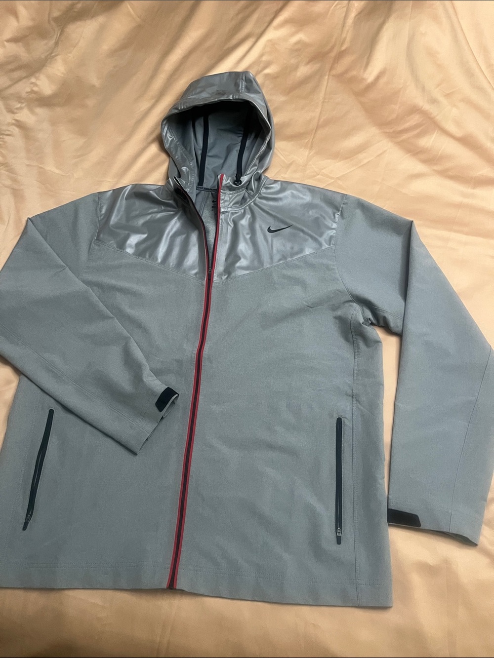 Nike Gray Hooded Raincoat with Red Zipper
